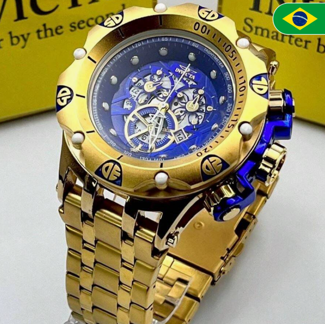 Relógio Masculino Invicta 16805 Hybrid Skeleton Dourado Mostrador Azul