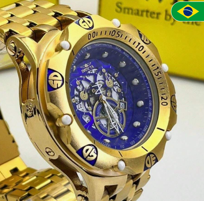 Relógio Masculino Invicta 16805 Hybrid Skeleton Dourado Mostrador Azul